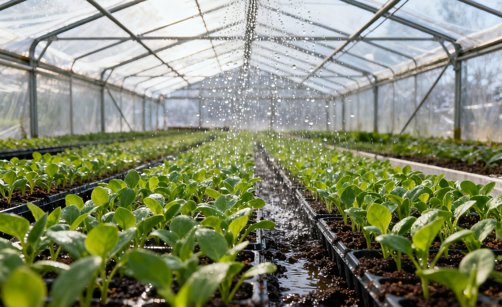 温室大棚喷淋系统为幼苗喷水远景