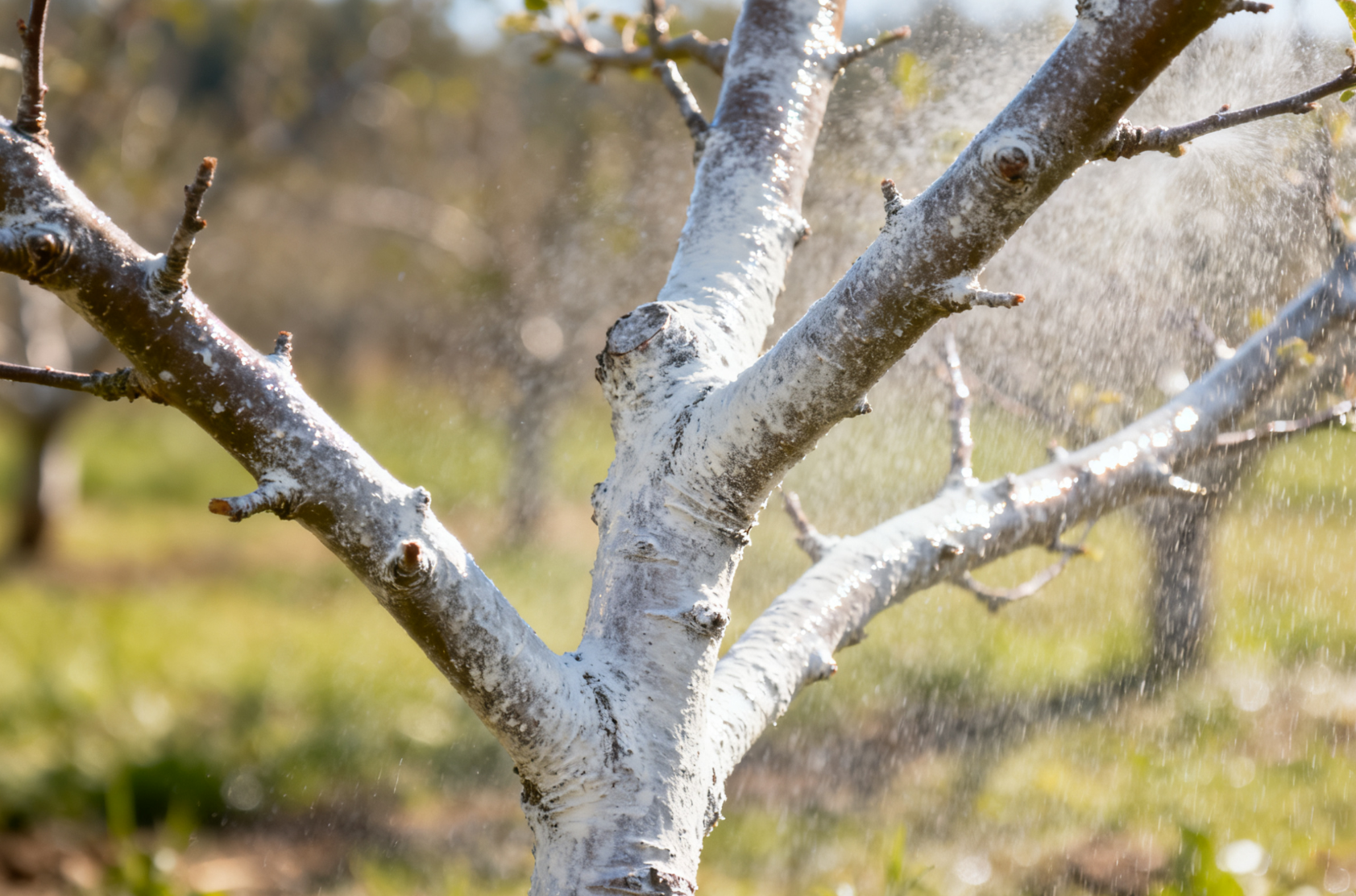 喷施后覆盖药膜的果树枝条近景