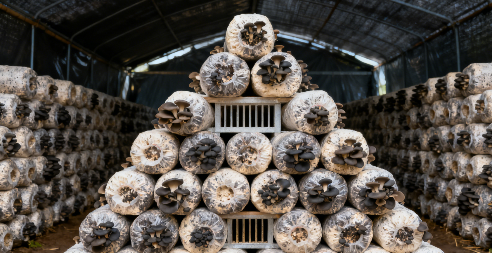菌棒立体堆码结构，三角形堆叠与通风间隙远景