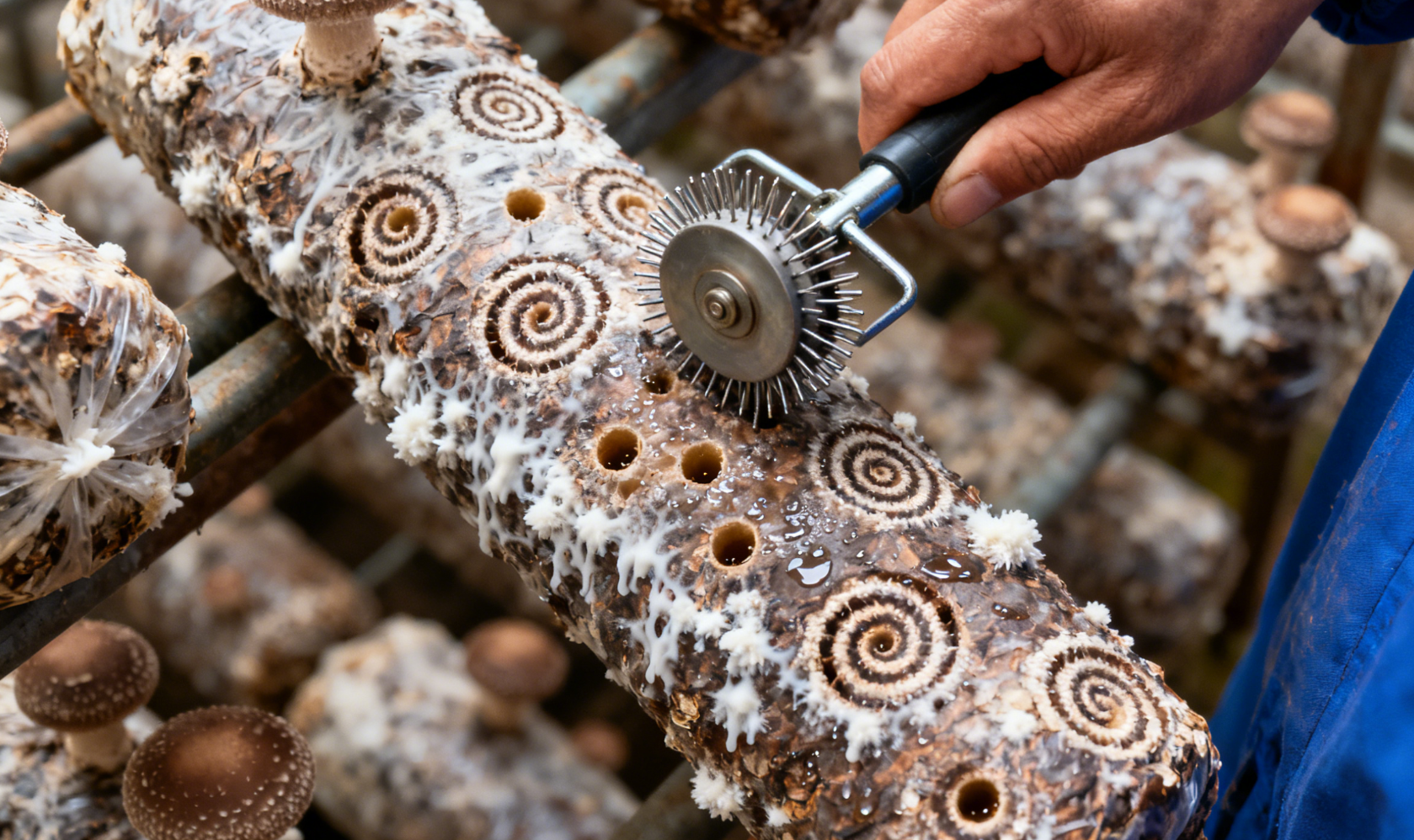 菌棒刺孔增氧操作，带针滚轮与螺旋孔洞近景