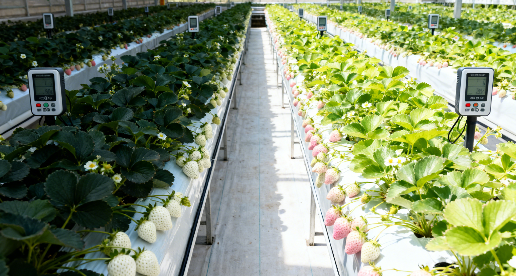 白草莓光照实验区，不同遮光率植株对比远景