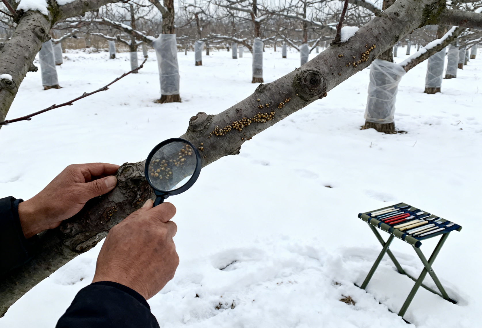 冬季果园介壳虫普查，果农手持放大镜检查枝条远景