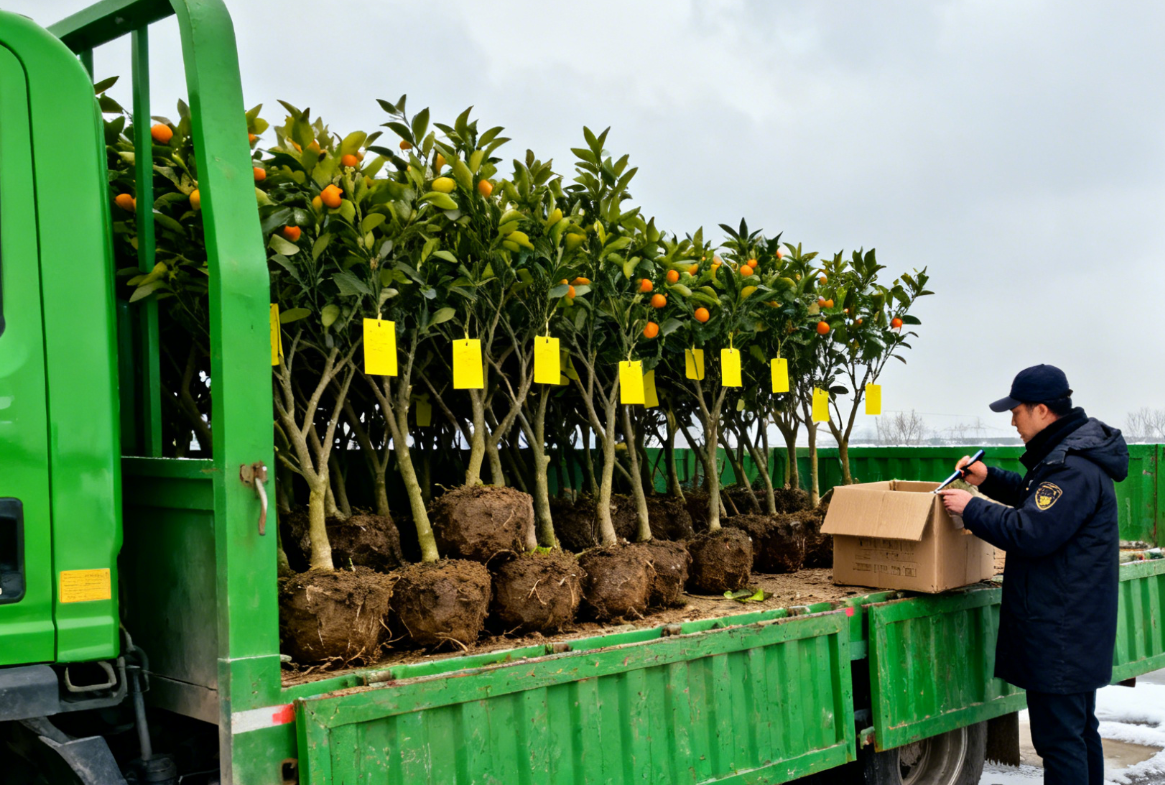 冬季苗木调运检疫站，检疫人员开箱检查苗木远景