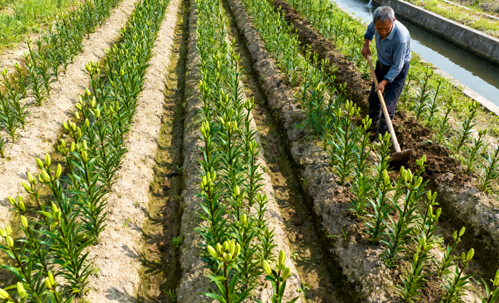食用百合种植基地,高垄田垄与中耕农民远景