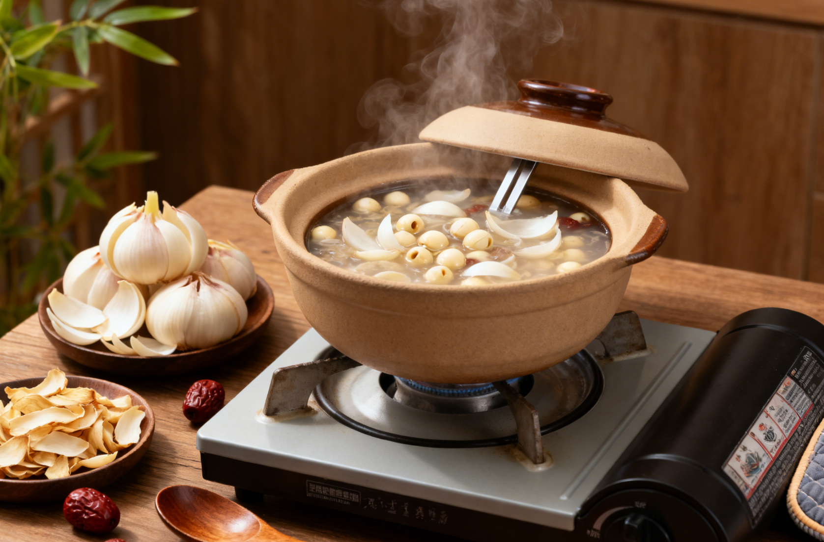 百合烹饪场景,砂锅炖煮百合莲子羹远景