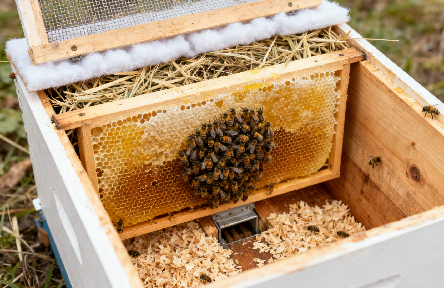 蜂箱内部越冬布置，巢脾蜂蜜与蜜蜂结团近景