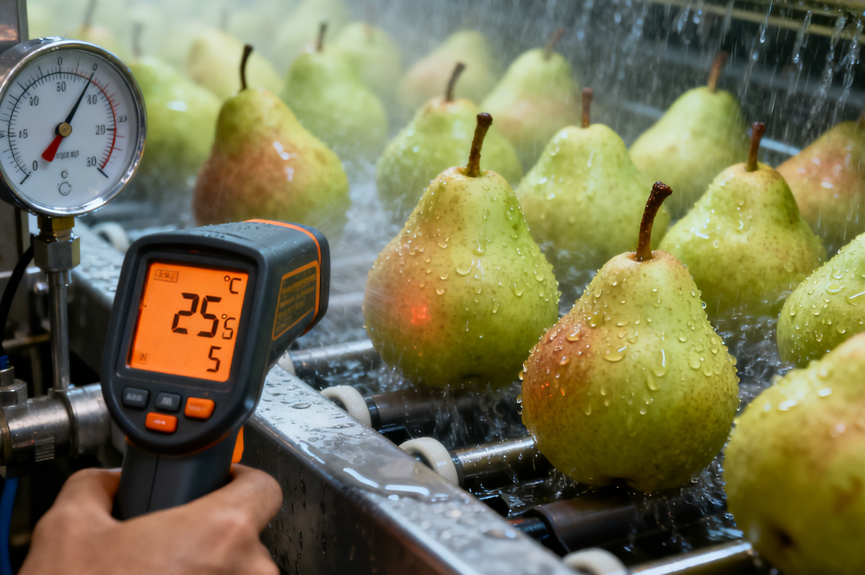 水果预冷处理，梨通过预冷隧道近景