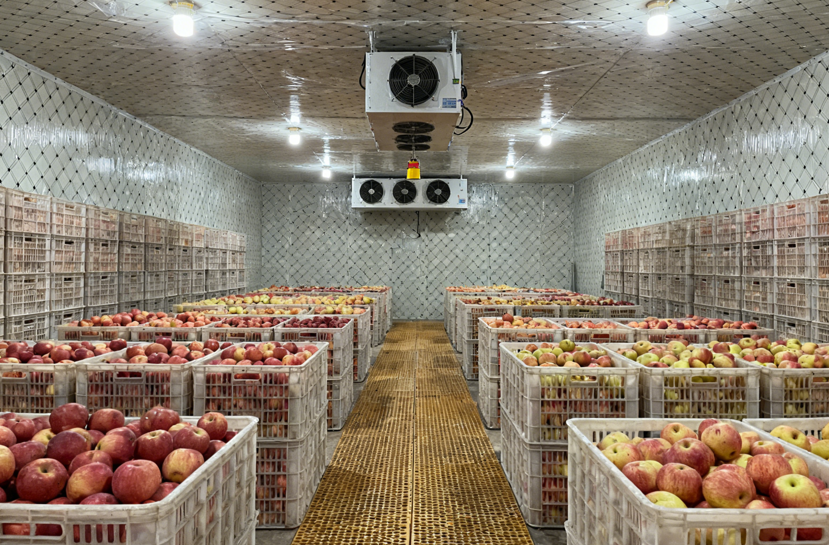 气调库内部存储区，苹果分区域码放远景