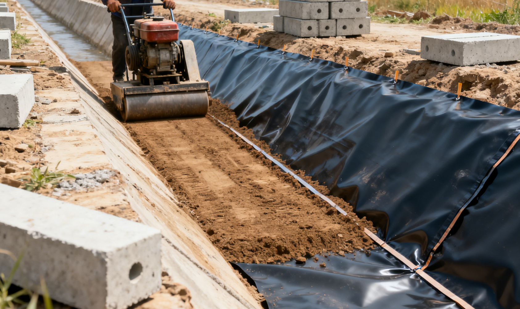 毛渠边坡修复，防渗膜铺设与压实近景