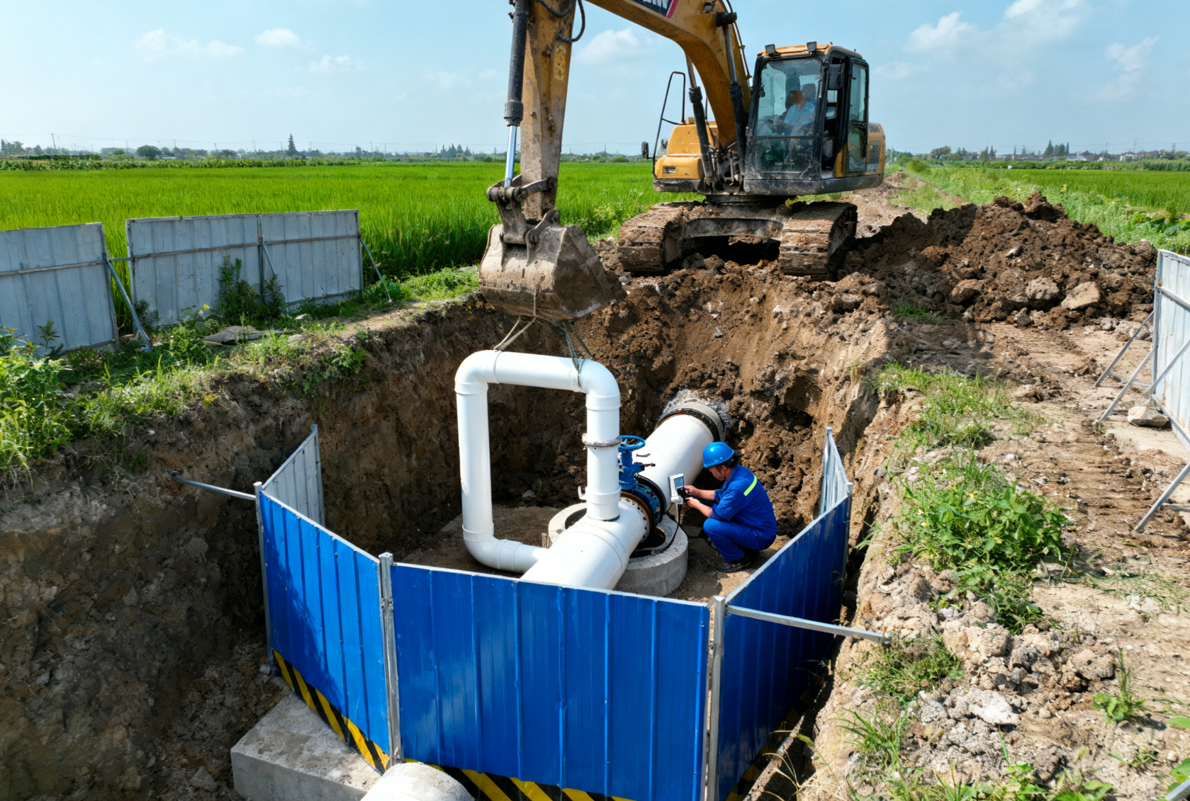 地下输水管道检修，探坑开挖与接口检查远景