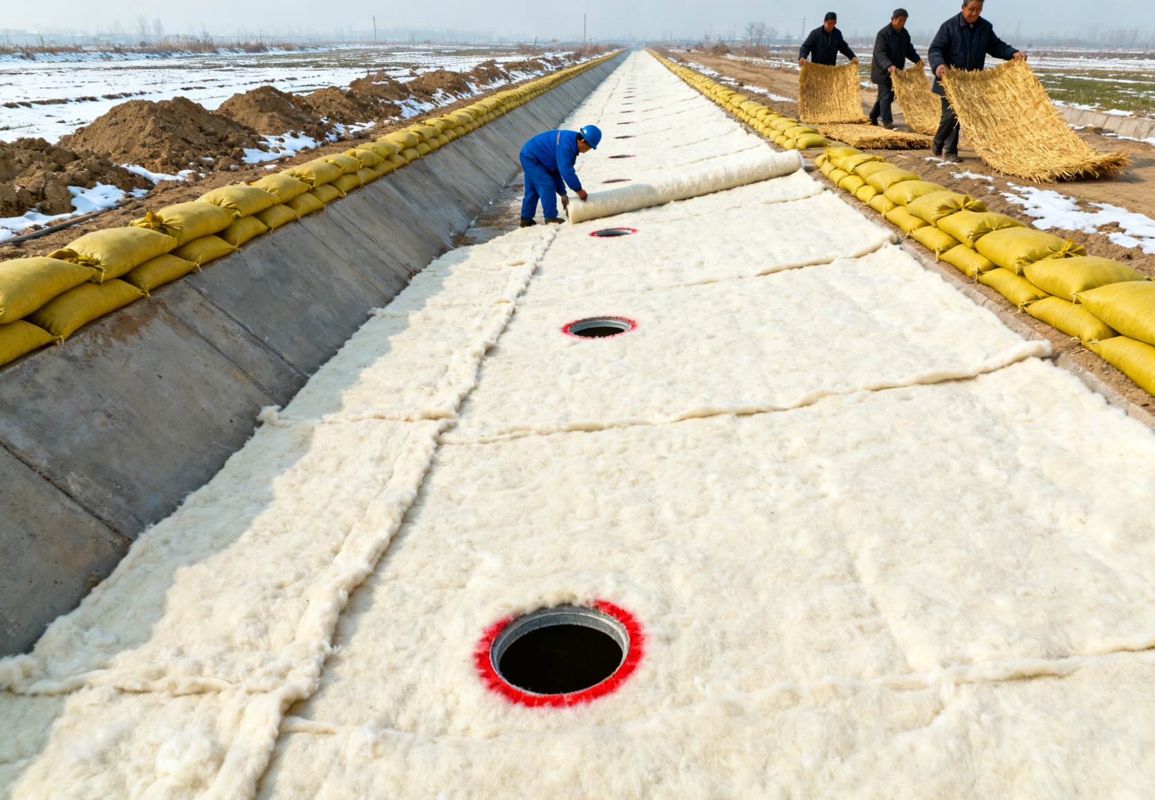 渠道防冻处理，保温棉毡覆盖与沙袋压实远景